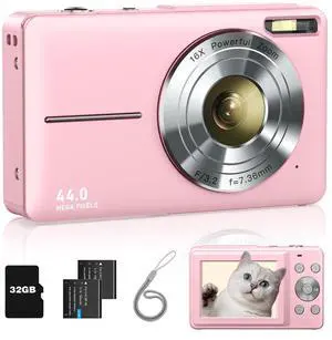 Digital Camera, FHD 1080P Point and Shoot Kids Camera, with 32GB Card, 2 Batteries, 16X Zoom Anti Shake Date Stamp, Compact Portable Small, for Starter Kid Children Teen Student Girl Boy(Pink)