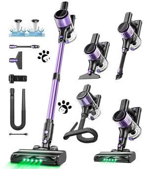 Cordless Vacuum Cleaner, 10 in 1 Stick Vacuum with Powerful Suction, Hose, Green LED Light, Anti-Tangle Brush, Lightweight Rechargeable Vacuum Cleaner for Home, Hardwood Floors, Carpets