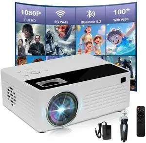 [Built-in Apps] 5G WiFi Bluetooth Smart Projector,Comes with a mini stand ,Mini Projector with Stereo Speaker,4K support HD Portable Projector, Compatible with TV Stick Smartphone/ pc/USB (With Apps)