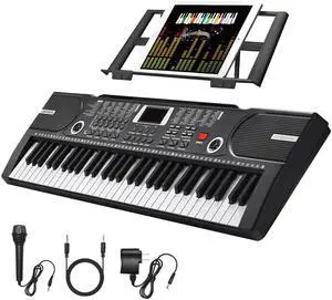 61 Key Keyboard Piano, Portable Electronic Keyboard Piano for Beginners with Speakers, Microphone, Sheet Music Stand, 100 Voices, 100 Rhythms, Digital Music Keyboard for Beginners