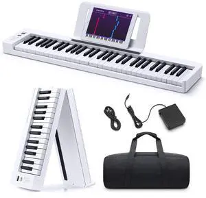61-Key Folding Bluetooth Keyboard Piano for Beginners, Portable Piano Keyboard with Music Rest, Bag, Pedal, and App - White