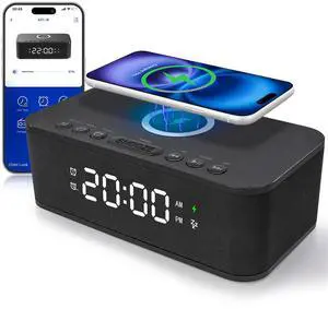 Dual Alarm Clock Radio Bedroom, Digital Alarm Clocks Bedrooms Bluetooth, Up to 10 Bedroom Alarms Clock White Noise 23 Soothing Sounds App/Button Control Snooze 12/24H FM Speaker Charging, Black