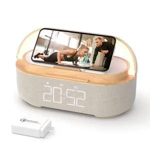 Bluetooth Speaker Alarm Clock with Wireless Charger, FM Radio, Adjustable LED Night Light, 6 in 1 Bedroom Portable Speaker 2500mAh, Phone Stand for Bedside, Home, Office, Gift