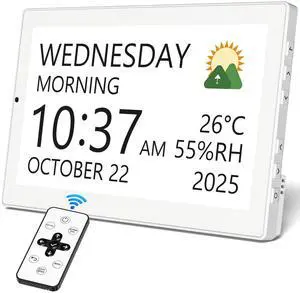 10.1" Digital Clock with Date and Day for Elderly, Remote Control Digital Calendar with 12 Themes & 9 Colors, AutoDST, 23 Preset Schedules & Customizable, Auto Dimming, Indoor Temperature, Humidity