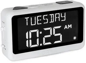 Talking Clock. Voice Recordable Ex Large Medication Pill Reminder. Talking Alarm Clock for Dementia, Hearing, Visually impaired Seniors-Digital Day Clock with Multiple Customized Alarms White