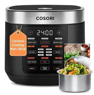 Rice Cooker 10 Cup, 24h Keep Warm, Non-stick Ceramic Inner Pot, 18 Functions Fuzzy Logic Rice Maker with Stainless Steel Steamer Basket, Sauté, Slow Cooker, Black