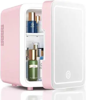 Fridge With Dimmable LED Light Mirror, 4L Makeup Mini Fridge for Bedroom, Car, Office & Dorm, Cooler & Warmer, Portable Small Refrigerator for Cosmetics, Skin Care and Food, Pink