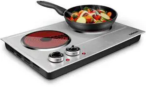 1800W Ceramic Electric Hot Plate for Cooking, Dual Control Infrared Cooktop, Double Burner, Portable Countertop Burner, Glass Plate Electric Cooktop, Silver, Stainless Steel-Upgraded Version