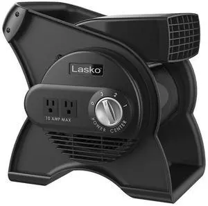 Portable Utility Fan, 12 289 CFM Pivoting High Velocity Air Mover Blower Fan, 3 Speeds, 2 Accessory Outlets 120V, Black, U12104