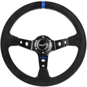 Universal Racing Steering Wheel Suede Deep Dish 13.58/345mm 6 Bolts with Horn Button Include Cable,Wrench (Blue)