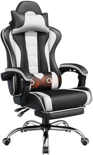 Gaming Chair, Video Game Chair with Massage Lumbar Support and Footrest Height Adjustable Ergonomic Computer Gaming Chair with Swivel Seat and Headrest, Black/White