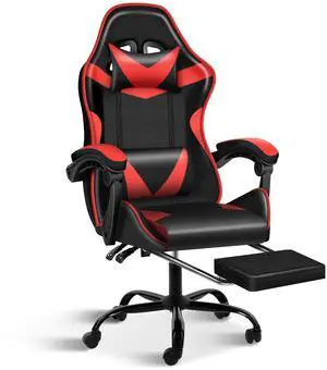 Gaming Chair, High Back Office Computer Desk Chair with Adjustable Lumbar Support, Recliner Swivel Video Game Chair with Footrest, Height Adjustable Seat and Backrest, Black/Red