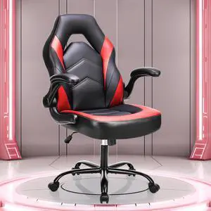 Computer Gaming Desk Chair - Big and Tall Ergonomic Comfy Lumbar Support with Flip-up Armrest and 360° Swivel Wheels, PU Leather Height Adjustable, for Home and Office, Red