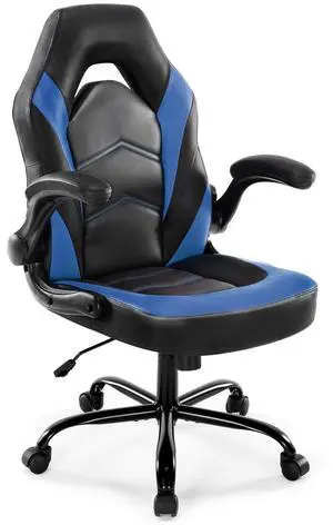 Ergonomic Computer Gaming Chair - Home Office Desk with PU Leather Lumbar Support, Height Adjustable Big and Tall Video Game with Flip-up Armrest, Swivel Wheels for Adults and Teens