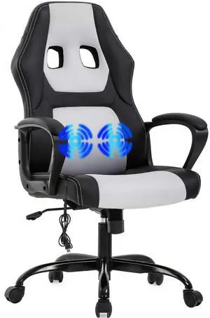 Gaming Chair Office Chair Desk Chair Massage Ergonomic PU Leather Racing Chair with Lumbar Support Headrest Armrest Task Rolling Swivel Computer Chair for Women Adults Girls(White)