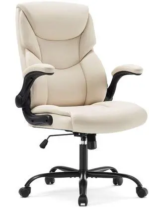 Office Chair - Ergonomic Executive Computer Desk Chairs with Adjustable Flip-up Armrest, Swivel Task Chair with Lumbar Support, Strong Metal Base, PU Leather, White