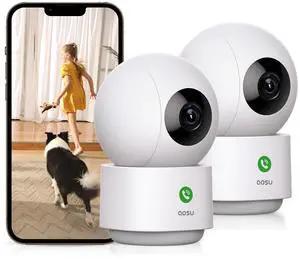 2K Security Camera Indoor, Baby Monitor Pet Camera One-Touch Call, Smart Motion Tracking, IR Night Vision, Compatible with Alexa, 2 Pack