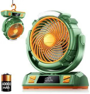Camping LED Fan with Light, 40000mAh Rechargeable Battery Powered Outdoor Tent Fan with Light and Hook, 6 Speed, Personal USB Desk Fan for Camping, Fishing, Power Outage,Hurricane, Worksite