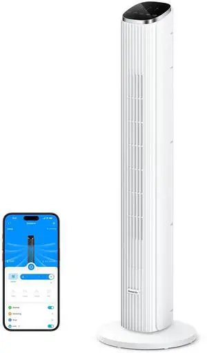 White Tower Fan for Bedroom, 36" Smart Floor Fan with App/Voice Control, Temperature Sensor, 5 Modes 8 Speeds(25ft/s), 29dB Quiet Oscillating Fan for Office, 24H Timer, Auto Cooling