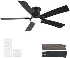 52 Inch Ceiling Fans with Lights and Remote, Black Low Profile Ceiling Fan, Flush Mount Style with 5 Blades, For Indoor Bedroom Living Room/Outdoor, 6 Speed Reversible DC Motor, 3CCT Dimmable LED