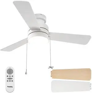 Ceiling Fans with Lights, 42 inch Low Profile Ceiling Fan with Pull Chain and Remote Control, Flush Mount, Reversible, 5CCT, Dimmable, Noiseless, White Pull Cord Ceiling Fan for Bedroom