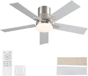 42 Inch Ceiling Fans with Lights and Remote,Flush Mount Brushed Nickel Ceiling Fan,6 Speed Reversible DC Motor,3CCT Dimmable LED-Low Profile Design for Bedroom, Living room & Covered Outdoor