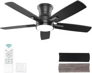 42 Inch Flush Mount Black Ceiling Fan with Light and Remote Control.Noiseless,Dimmable,3CCT,6 Speeds Reversible, Low Profile DC Ceiling Fans for Indoor Use