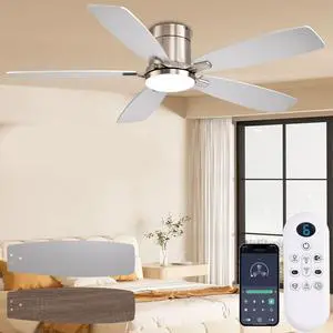 52 inch Ceiling Fans with Lights, Flush Mount Ceiling Fan with Light and Remote/APP Control, DC Motor, Dimmable LED, Noiseless, Low Profile Ceiling Fan for Bedroom Indoor/Outdoor Use (Nickel