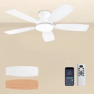 Ceiling Fans with Lights, 42 Inch Low Profile Ceiling Fan with Light and Remote Control, Flush Mount, DC Reversible Motor, Noiseless, White 6 Speeds Ceiling Fan for Bedroom