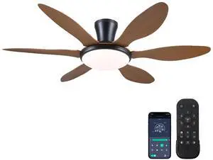 Ceiling Fans with Lights, 51 inch Modern Low Profile Ceiling Fan with Light and Remote App Control, Flush Mount, Quiet DC Reversible, Dim Led Ceiling Fan 6 Blade Softer Wind Indoor/Outdoor Patio Brown