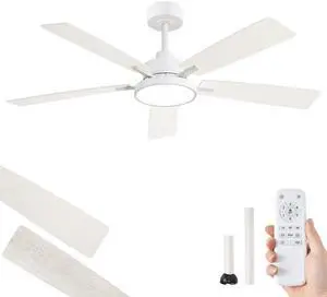 Ceiling Fans with Lights and Remote, 52 Inch White Modern, with 24W 2400LM High Bright LED Light, Quiet Powerful DC Pure Copper Motor for Bedroom, Kitchen, Living Room