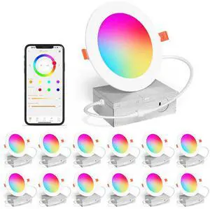 Smart Recessed Lighting 4 Inch RGBCW Color Changing 12W LED Downlight with Junction Box,1080 Lumen Recessed Ceiling Light Compatible with Alexa,Dimmable by Bluetooth Control -12Pack