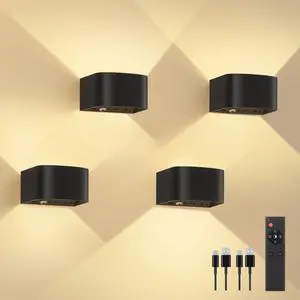 4 Pack Motion Sensor Wall Lamp with Remote Control 3 Colors Wireless Wall Light LED Indoor Up and Down Wall Sconce 5000mAh Rechargeable Battery Powered Wall Lamps Brightness Adjustable,Black