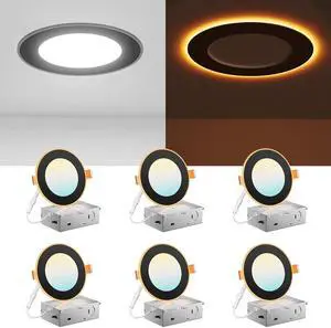 6 Pack Black 4 Inch 5CCT LED Recessed Ceiling Light with Night Light, 2700K/3000K/3500K/4000K/5000K Selectable Ultra-Thin Lighting, 10W=90W, 700LM, Dimmable Canless Wafer Downlight - ETL&FCC