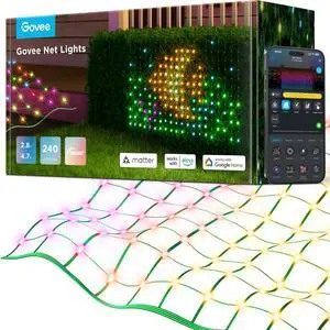 Outdoor Net Lights, 2.8 × 4.7ft with RGBIC and DIY Functions, 240 LEDs Smart Net Lights with 64 Modes for Bush Patio Decor, IP65 Waterproof, Compatible with Alexa & Google Assistant, Green Wire