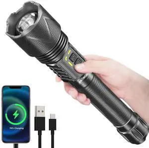 Super Bright Tactical Flashlight, 10,000 High Lumens XHP360 USB-C Rechargeable LED Flash Lights with Zoomable, Dual-Switches Waterproof Powerful Handheld Torch for Outdoor Camping Emergency
