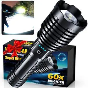 Super Bright Rechargeable LED Flashlights 5000.000 High Lumens, Flashlights High Lumens Up to 25H Long Battery Life| Zoomable| 5Light Modes| IP67 Waterproof, High Powered Flashlight for Camping Home