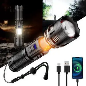 LED Rechargeable Flashlights High Lumens with Ambient Lamp,8000 Super Bright Tactical Flashlights with 2 Colors,Focusable,Waterproof Flash Light for Camping Essentials,Outdoor&Home-Black