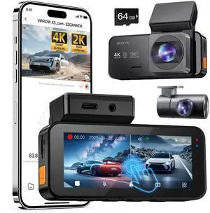 Dash Cam Front and Rear: 4K+2K Dash Camera for Cars - Dashcam Built-in WiFi APP Control 64GB Included 3.39" Touchscreen 24H Parking Monitor WDR Night Vision Loop Recording Collision Detection(X5)