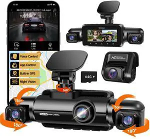 360° Dash Cam Front and Rear Inside, 4 Channel FHD 4 * 1080P, Wi-Fi GPS Voice Control Car Camera, Front 2K+1080P*2 Dash Camera for Cars, with 64GB SD Card, Night Vision, 24H Parking Mode(N300)