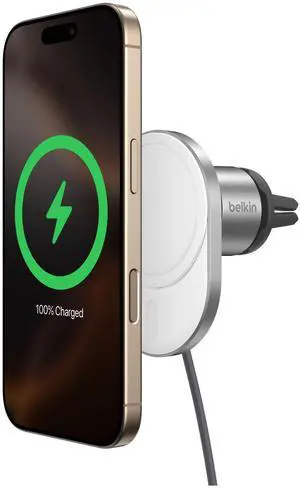 MagSafe-Compatible Wireless Car Charger with 15W Fast Charging, Powerful Magnetic Vent Holder for iPhone 16, 15, 14, 13, and 12 Series, Secure Car Phone Mount - White