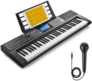 Keyboard Piano, 61 Key Piano Keyboard for Beginner/Professional, Electric Keyboard Kit with 249 Voices, 249 Rhythms - Includes Music Stand, Microphone, Black (DEK-610S)