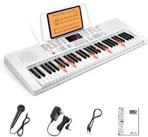 VGK611 Electric Keyboard for Beginner, 61 Keys Portable Music Keyboard With Mini Lighted Keys, Electronic Piano for Kids, Boy, Girl, White