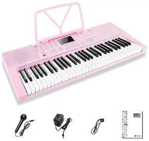 VGK610 Piano Keyboard, 61 Mini Keys Portable Music Keyboard for Beginners with Microphone, 3 Teaching Modes, 350 Tones, 350 Rhythms, 30 Demos, Pink