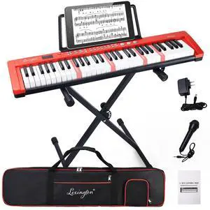 61 Key Keyboard Piano, Complete Electronic Piano Keyboard Set for Beginners Adults, Portable Music Keyboard with Lighted Keys, Teaching Modes, Stand, Case, Microphone (61-Key Red)