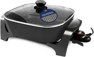 EG6201 Extra Deep 12"x12"x3.2" (7.5Qt.) Scratch Resistant Dishwasher Safe, Non-stick Electric Skillet with Glass Vented Lid, Adjustable Temperature, Black