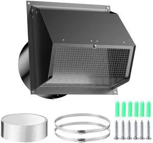 Hooded Wall Vent Cover with Screen and Damper, Galvanized Steel Outside Wall Exhaust Vent Cover Cap for Kitchen Range Hood Dryer HVAC Duct Exterior Ventilation and Air Exhaust (Black, 8 Inch)