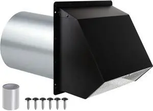 6 Inch Wall Vent Exhaust Vent Dryer Vent Cover Outside, 6" Hooded Wall Vent with Screen and Damper for Kitchen Range Hood Exterior Wall Vent Cover Cap Hood Vent Dryer Air Vent,Galvanized Steel,Black