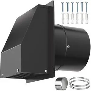 8 Inch Hooded Wall Vent with Screen and Damper, Outdoor Wall Exhaust Vent Cover Cap Kit for Exterior Kitchen Range Hood Bathroom Ventilation Dryer HVAC Duct Air Exhaust Vents, Galvanized Steel, Black