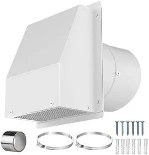 8 Inch Galvanized Steel Hooded Wall Vent Cover with Screen & Damper - Outdoor Exhaust Vent Cap for Dryer, Bathroom Fan, Range Hood, HVAC Duct - Includes Aluminum Foil Tape & Clamps